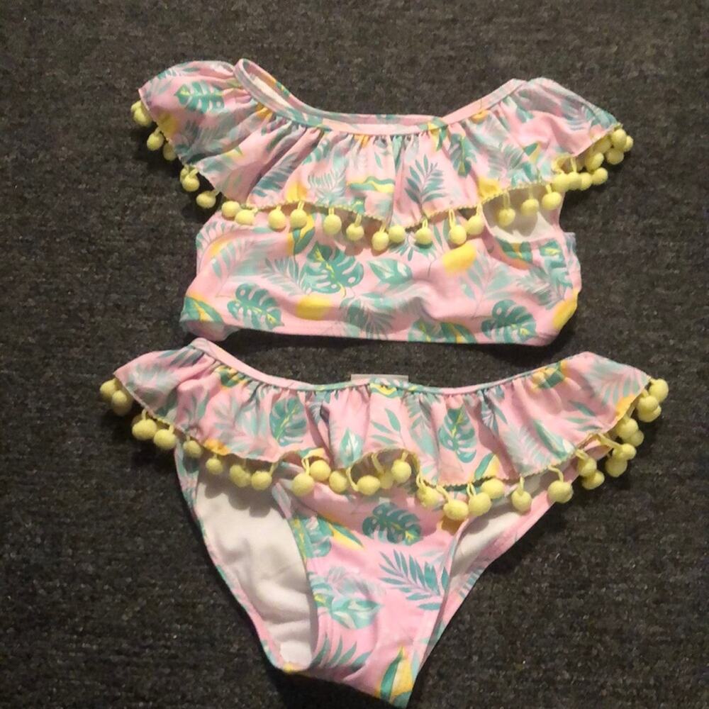 Nicole Miller Girls Swimsuit 2 pc Pom Poms Girl's Medium (10) Pink Lemon Print